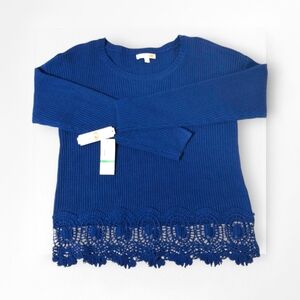 GB Gianni Bini Sweater Crochet Hem NWT Blue Long Sleeves Round Neck Large